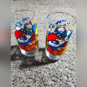 Vintage Smurf Collector's Glasses 1983 Peyo Hardee's Set Of 2 Papa Smurf